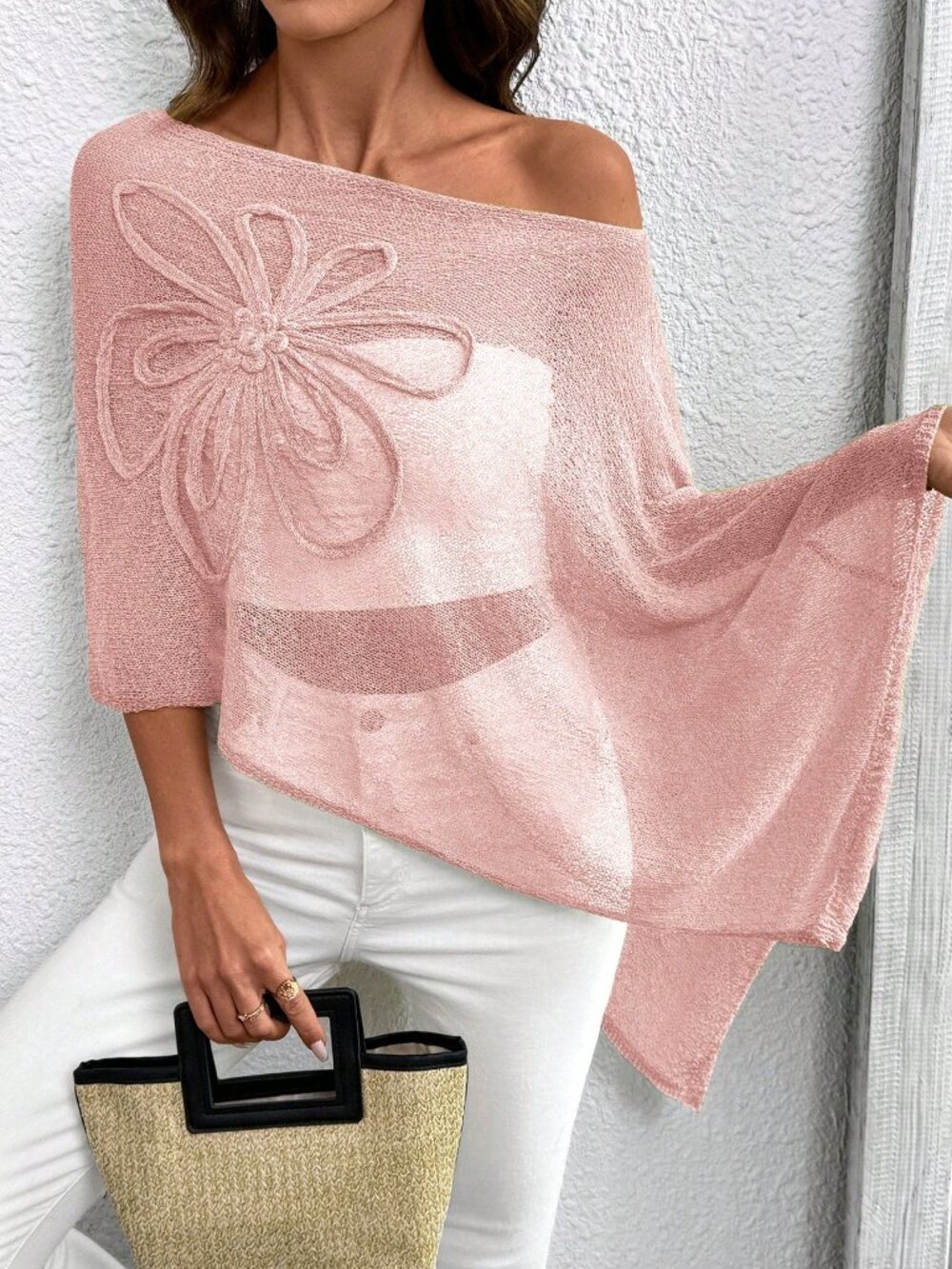 Pink Casual Women's Plus Size Asymmetric Design Poncho-Style Knit Top - Picture 5 of 7